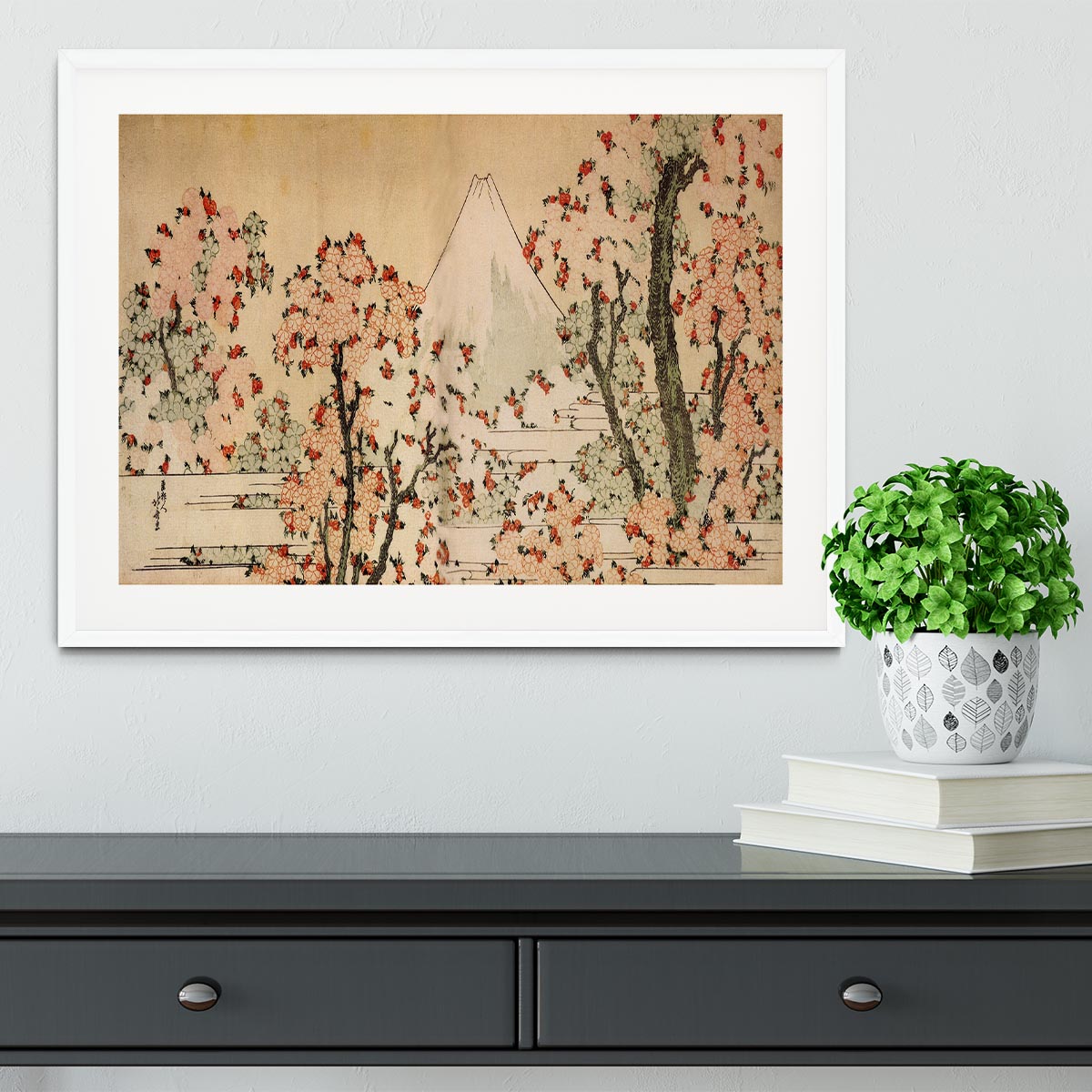Mount Fuji behind cherry trees and flowers by Hokusai Framed Print - Canvas Art Rocks - 5