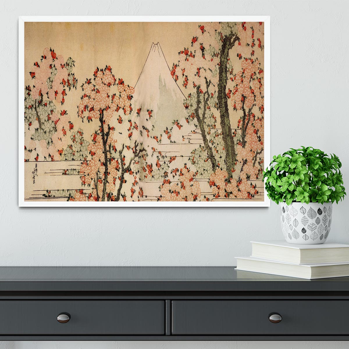 Mount Fuji behind cherry trees and flowers by Hokusai Framed Print - Canvas Art Rocks -6