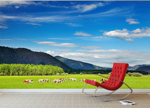 Mountain landscape with grazing cows and sky Wall Mural Wallpaper - Canvas Art Rocks - 2