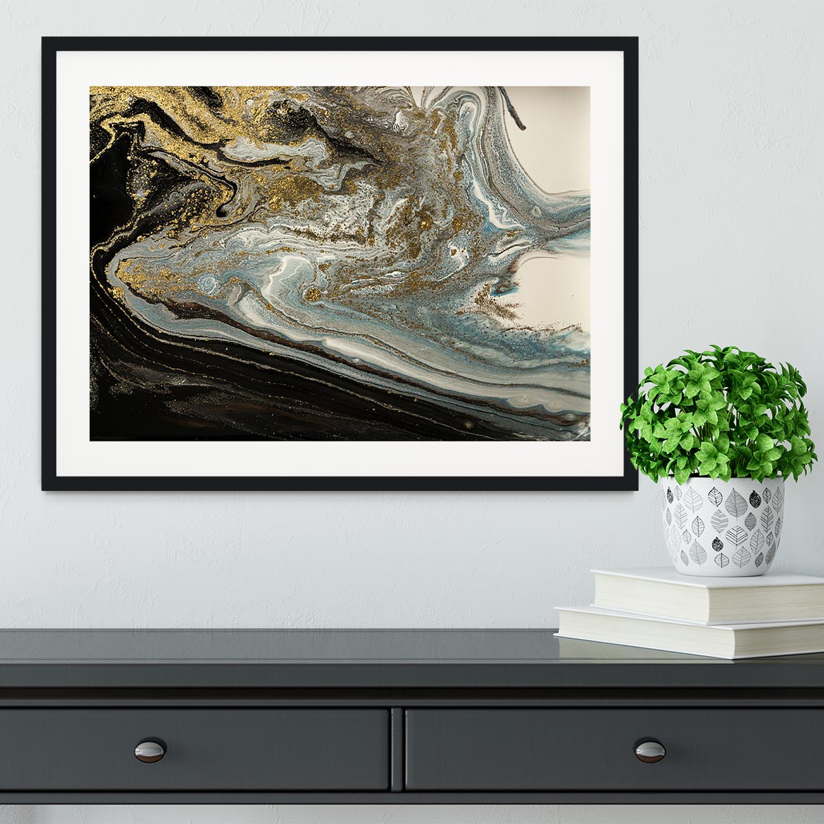 Navy Gold and White Marble Swirl Framed Print - Canvas Art Rocks - 1