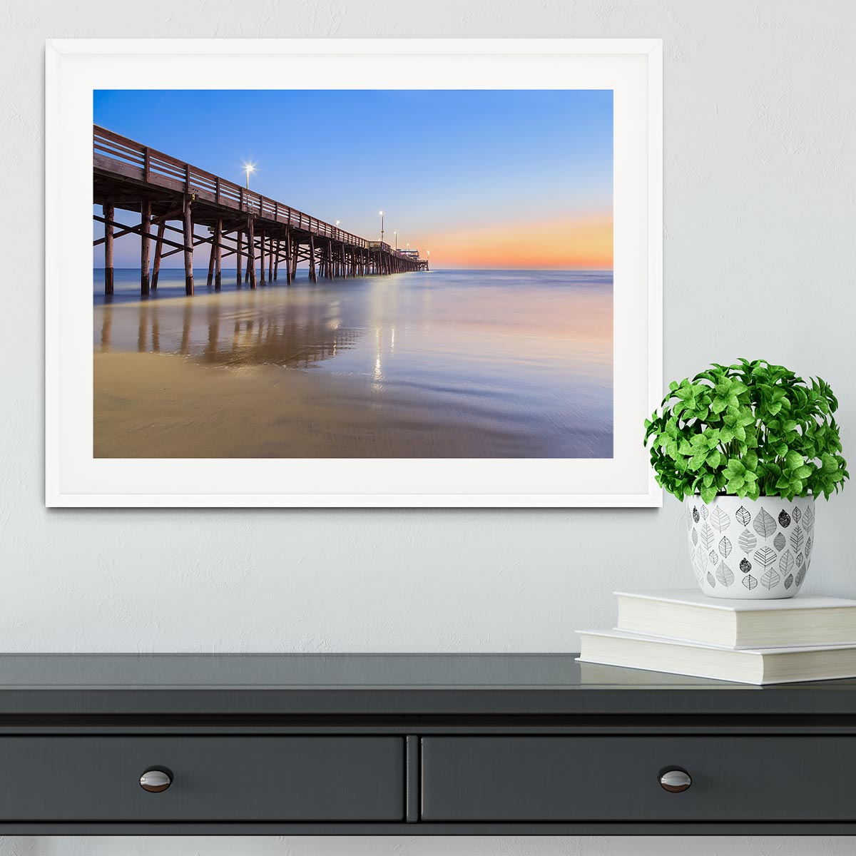 Newport Beach pier after sunset Framed Print - Canvas Art Rocks - 5