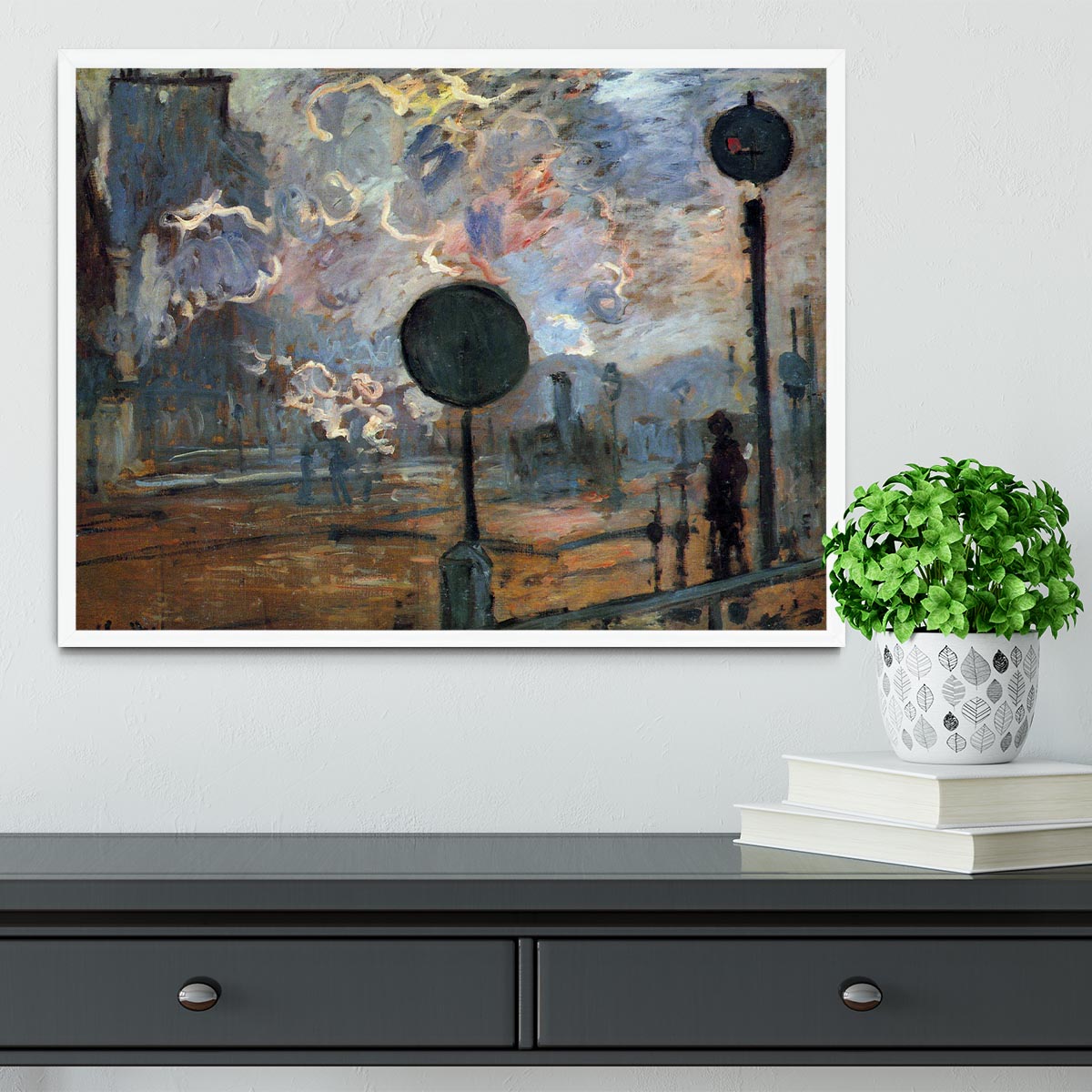 Outside the station Saint Lazare The signal by Monet Framed Print - Canvas Art Rocks -6