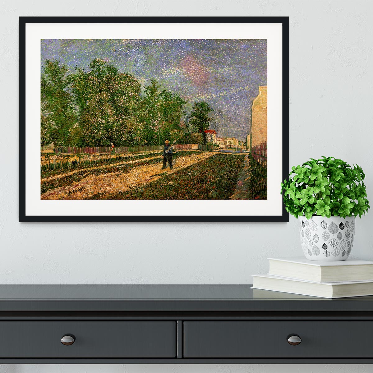 Outskirts of Paris Road with Peasant Shouldering a Spade by Van Gogh Framed Print - Canvas Art Rocks - 1