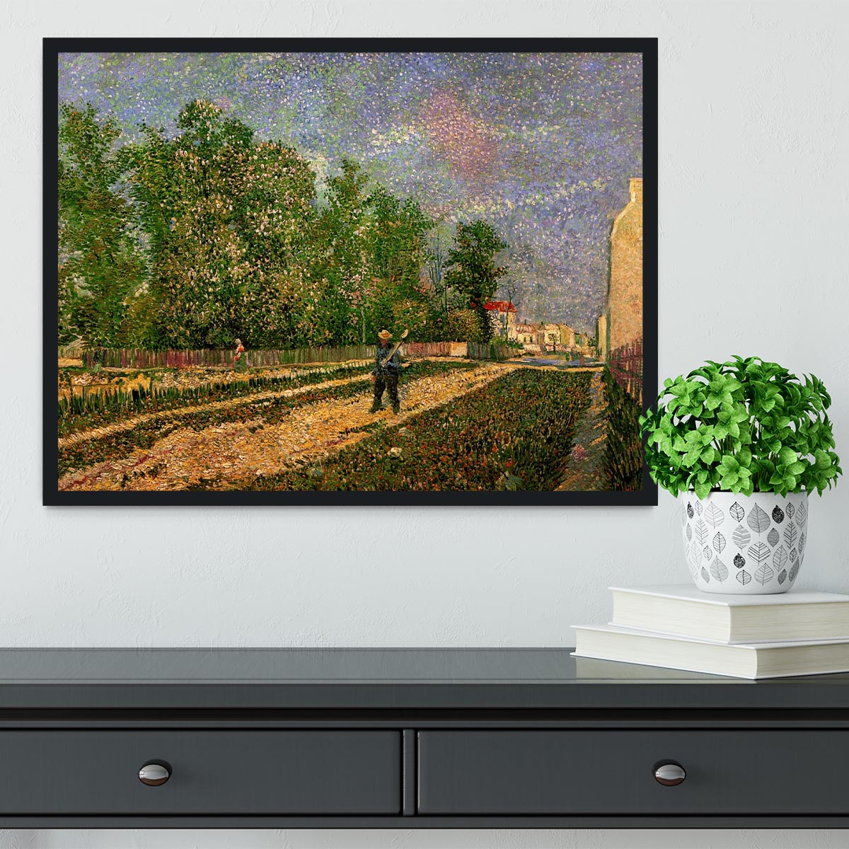 Outskirts of Paris Road with Peasant Shouldering a Spade by Van Gogh Framed Print - Canvas Art Rocks - 2