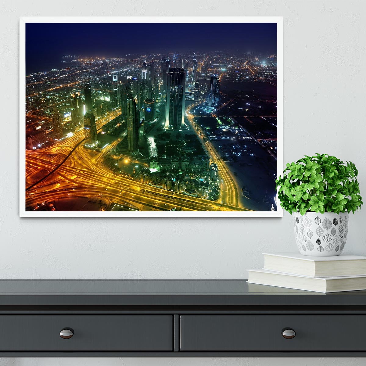 Panorama Dubai city at night Framed Print - Canvas Art Rocks -6