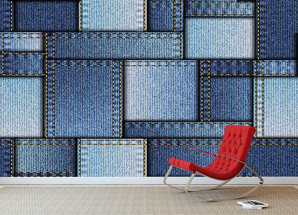 Patchwork of denim fabric Wall Mural Wallpaper - Canvas Art Rocks - 2