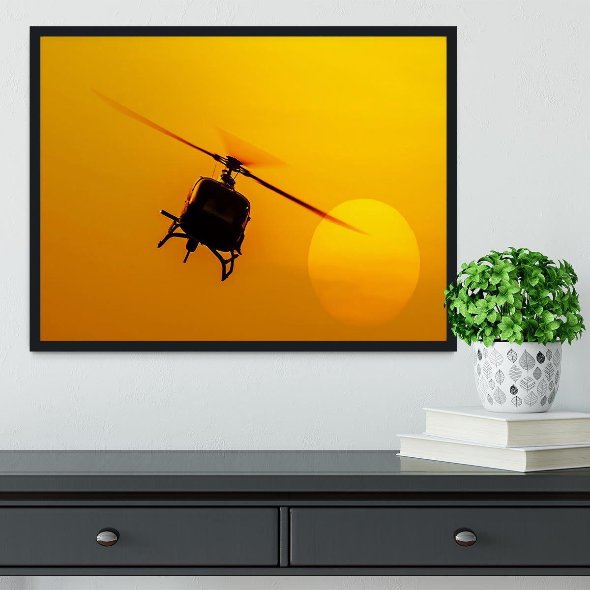 Patrol helicopter flying in sunset Framed Print - Canvas Art Rocks - 2