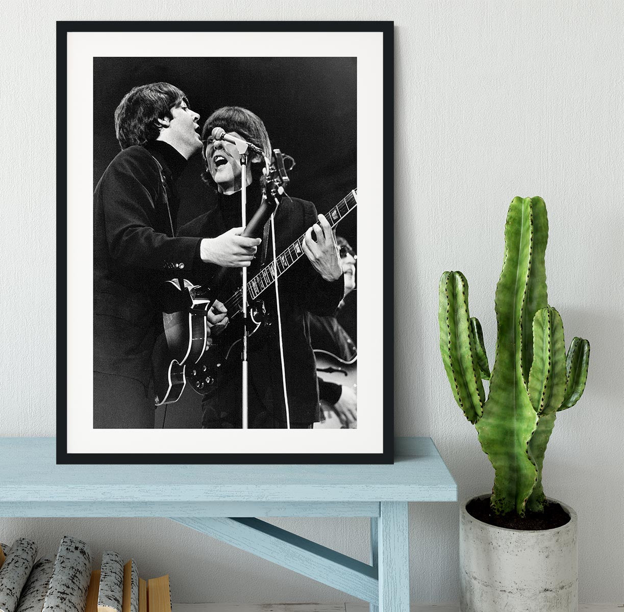 Paul McCartney and George Harrison on stage Framed Print - Canvas Art Rocks - 1