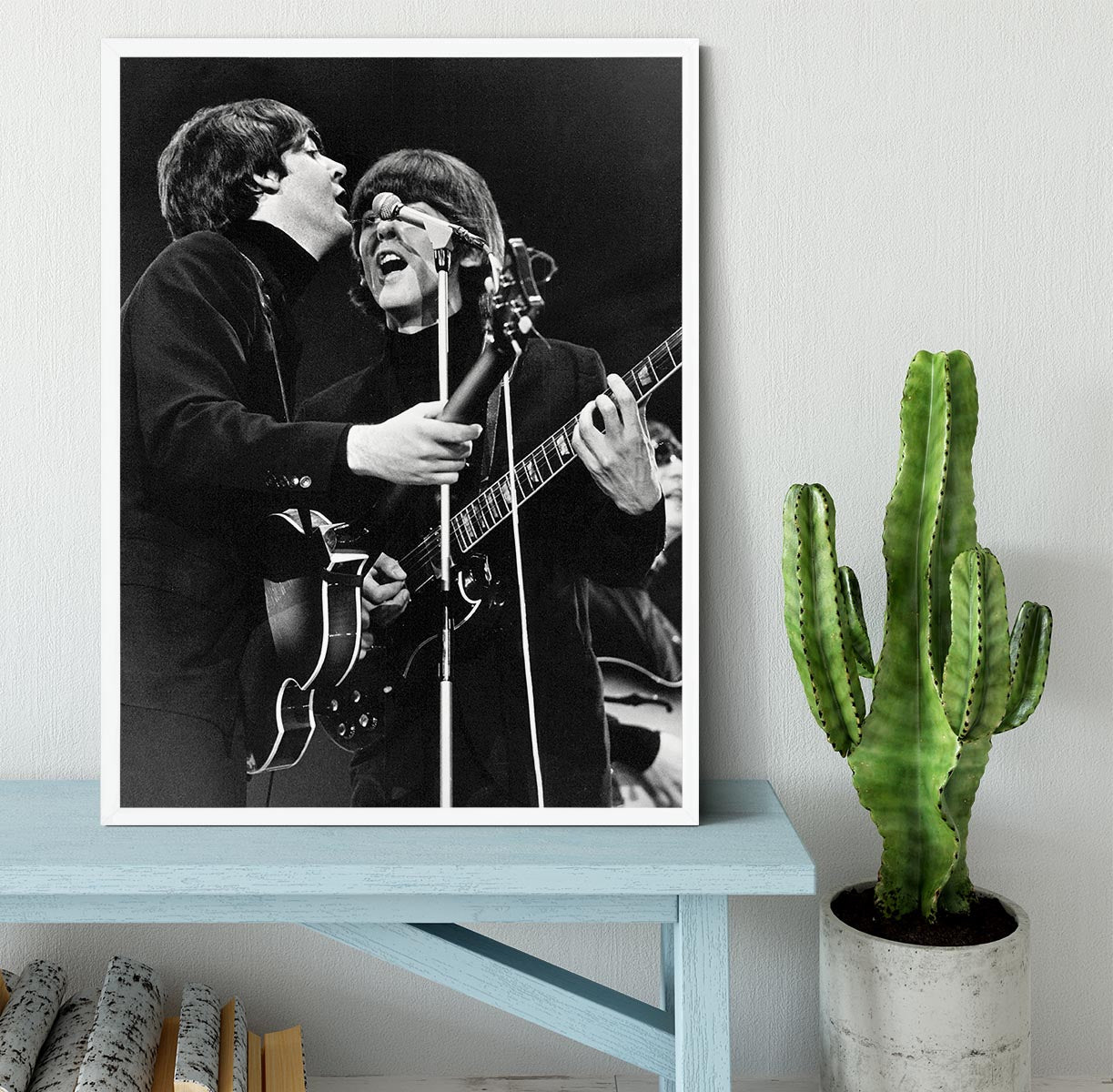 Paul McCartney and George Harrison on stage Framed Print - Canvas Art Rocks -6