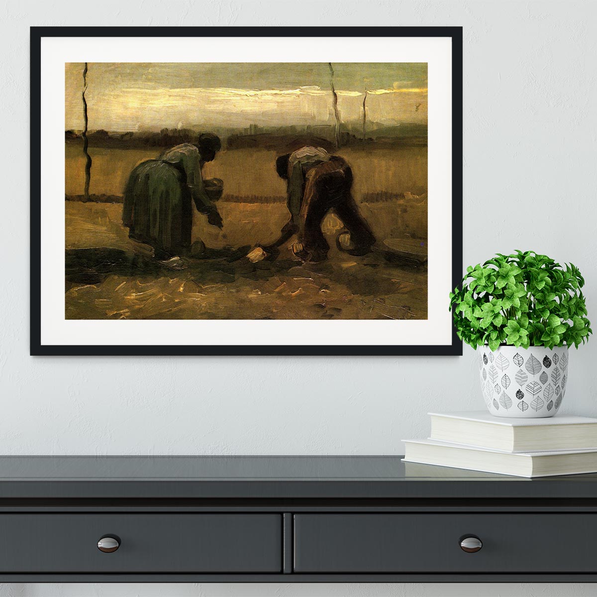 Peasant and Peasant Woman Planting Potatoes by Van Gogh Framed Print - Canvas Art Rocks - 1