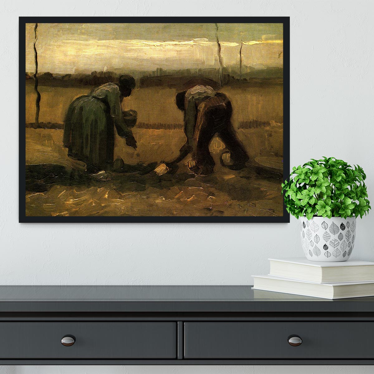 Peasant and Peasant Woman Planting Potatoes by Van Gogh Framed Print - Canvas Art Rocks - 2