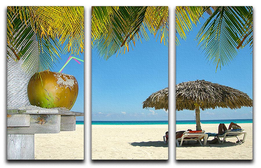 People relaxing under tropical huts with coconut 3 Split Panel Canvas Print - Canvas Art Rocks - 1