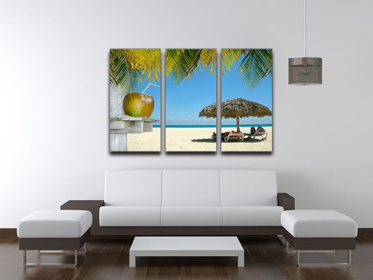 People relaxing under tropical huts with coconut 3 Split Panel Canvas Print - Canvas Art Rocks - 3