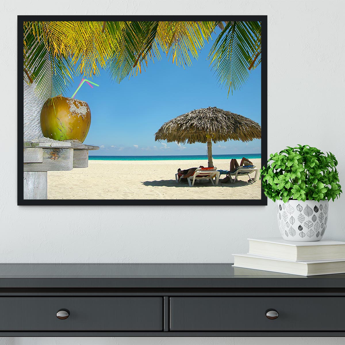 People relaxing under tropical huts with coconut Framed Print - Canvas Art Rocks - 2