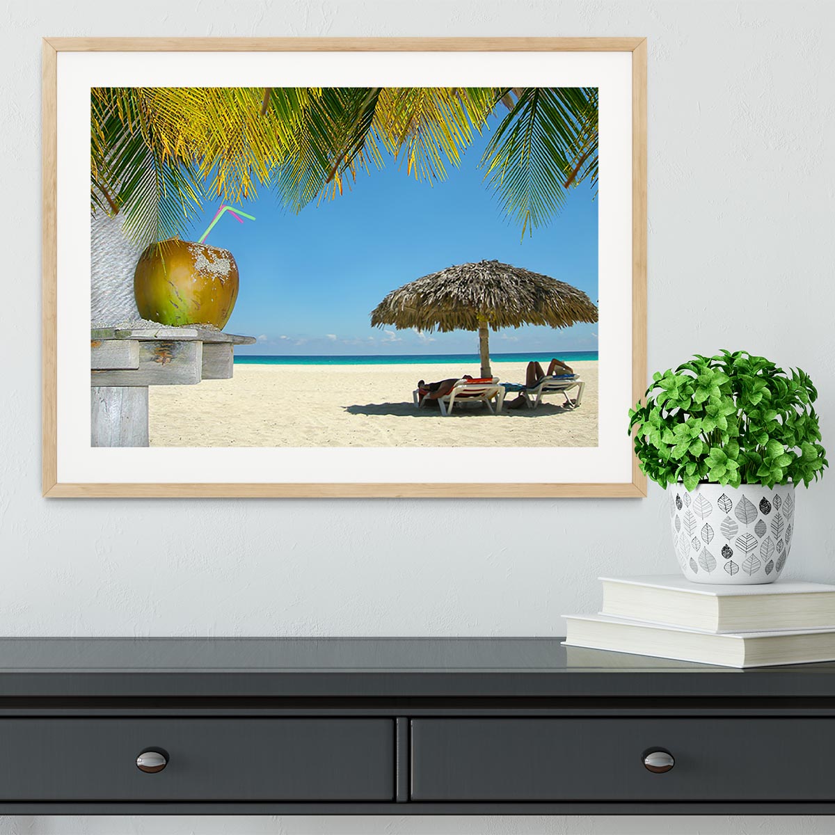 People relaxing under tropical huts with coconut Framed Print - Canvas Art Rocks - 3