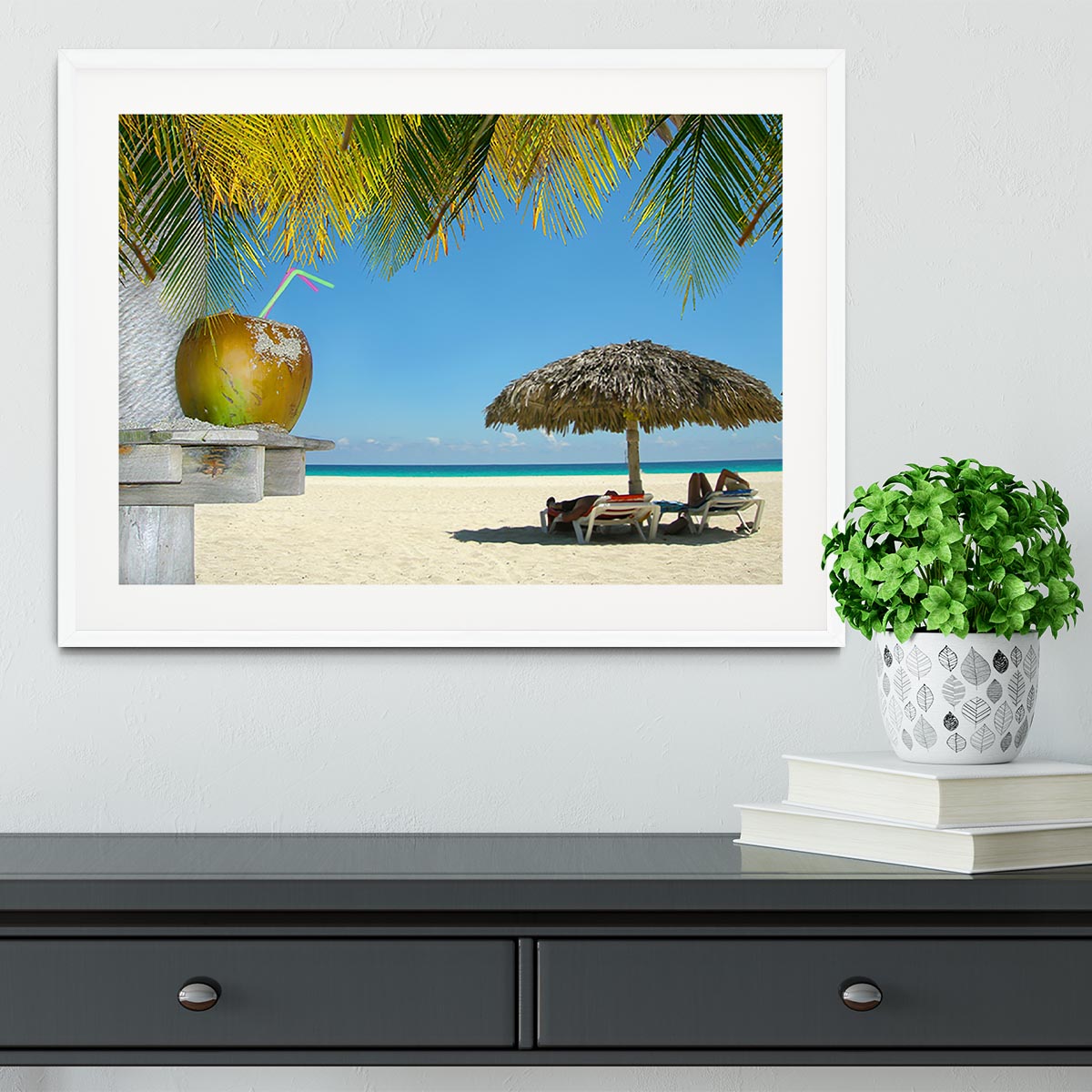 People relaxing under tropical huts with coconut Framed Print - Canvas Art Rocks - 5