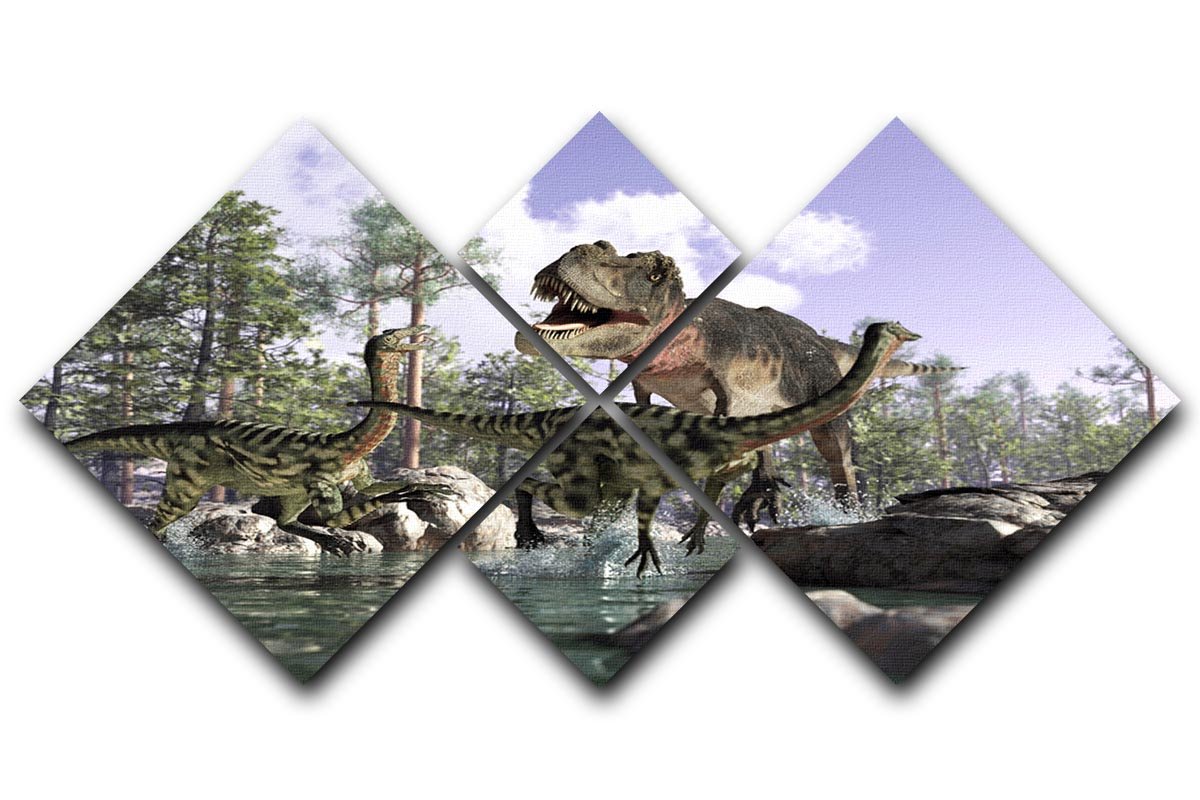 Photorealistic 3 D scene of a Tyrannosaurus Rex 4 Square Multi Panel Canvas  - Canvas Art Rocks - 1