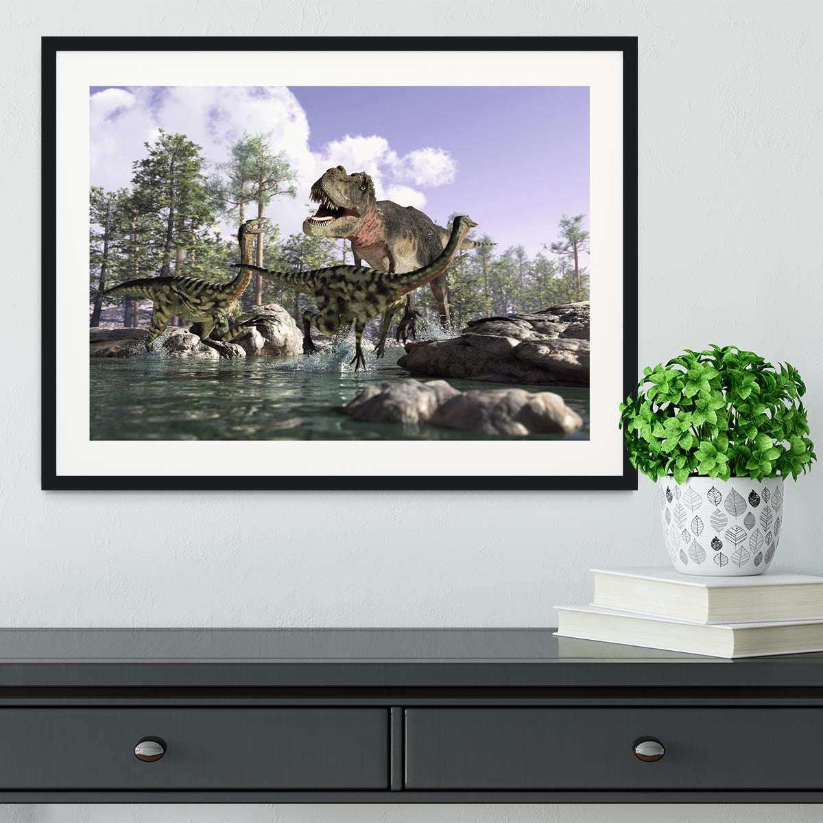 Photorealistic 3 D scene of a Tyrannosaurus Rex Framed Print - Canvas Art Rocks - 1