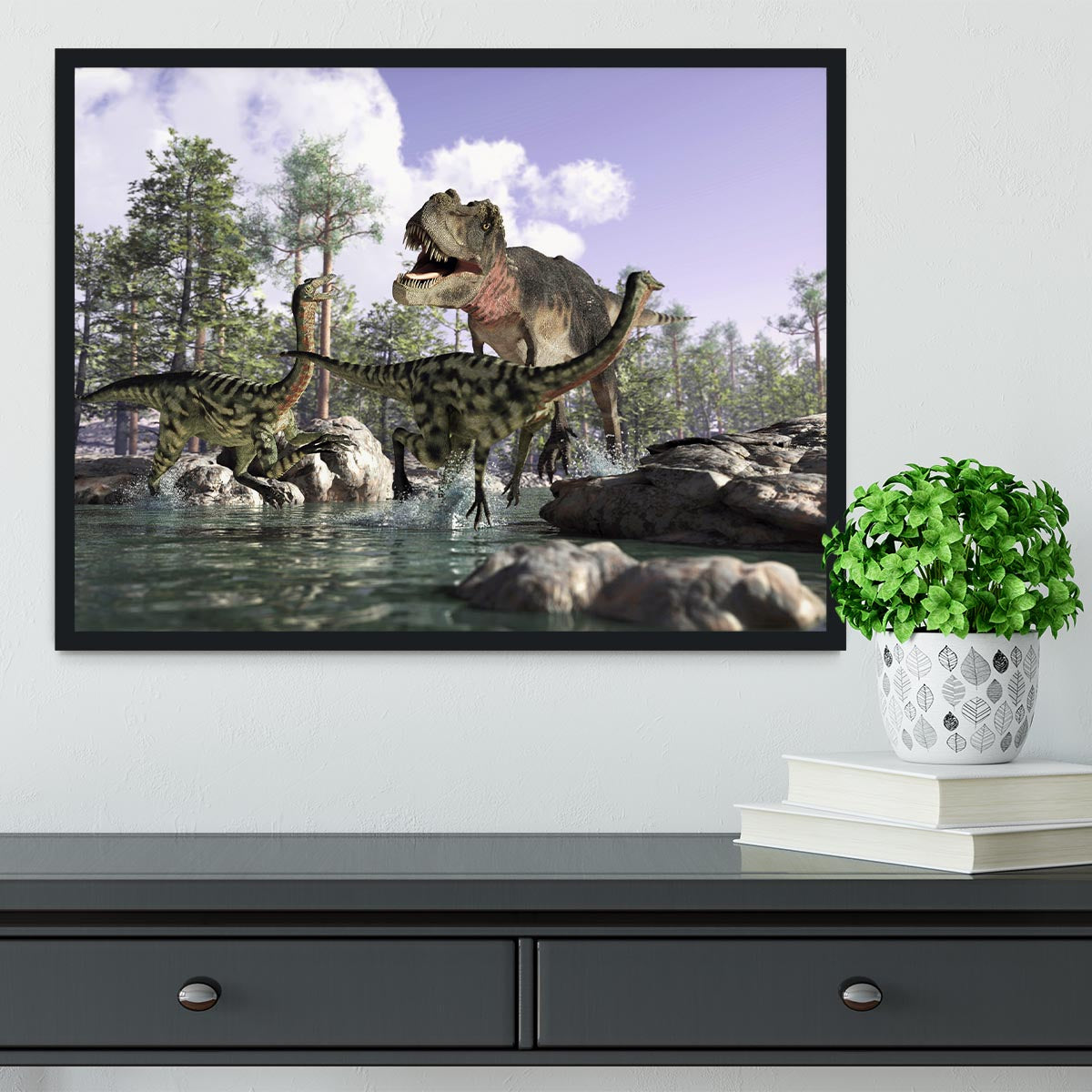 Photorealistic 3 D scene of a Tyrannosaurus Rex Framed Print - Canvas Art Rocks - 2