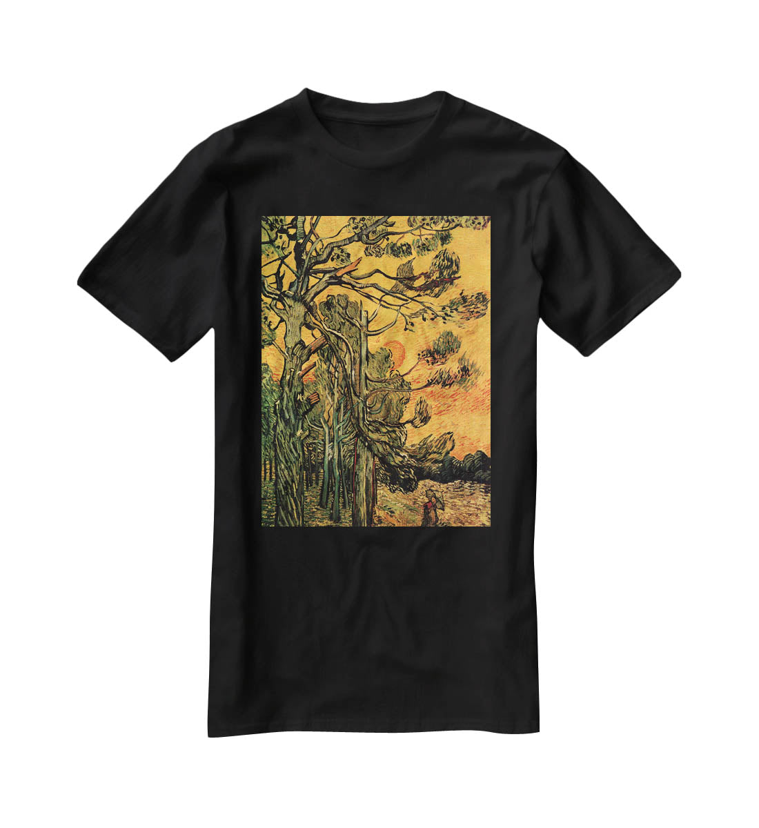 Pine Trees against a Red Sky with Setting Sun by Van Gogh T-Shirt - Canvas Art Rocks - 1