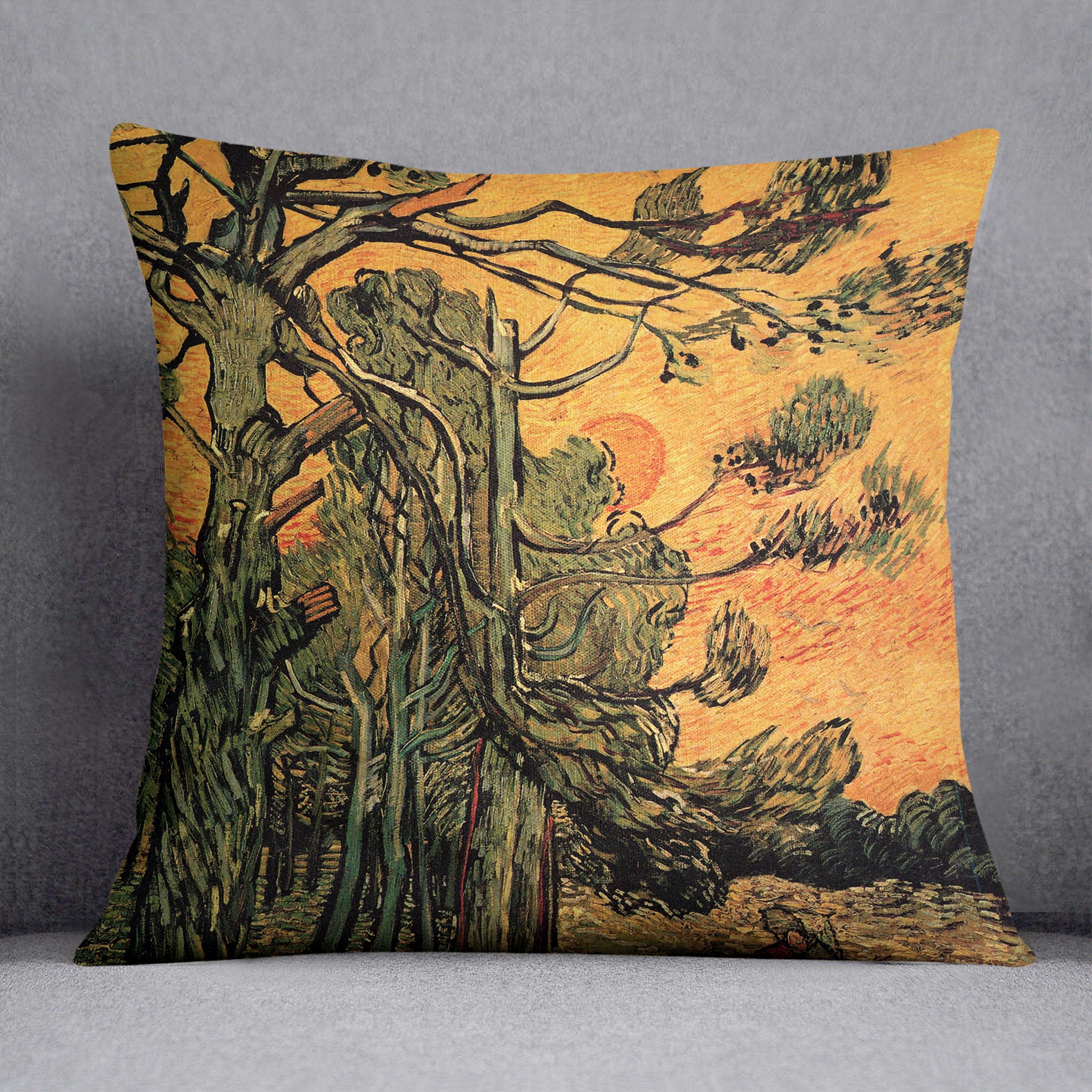 Pine Trees against a Red Sky with Setting Sun by Van Gogh Cushion