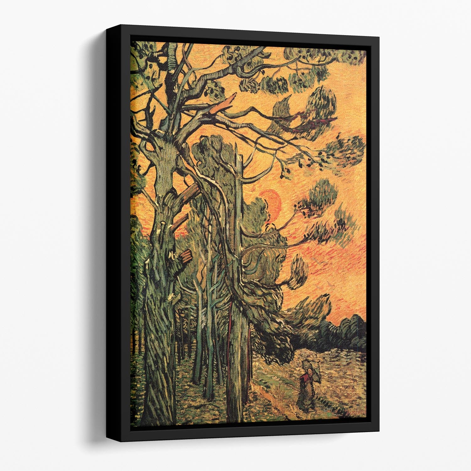 Pine Trees against a Red Sky with Setting Sun by Van Gogh Floating Framed Canvas
