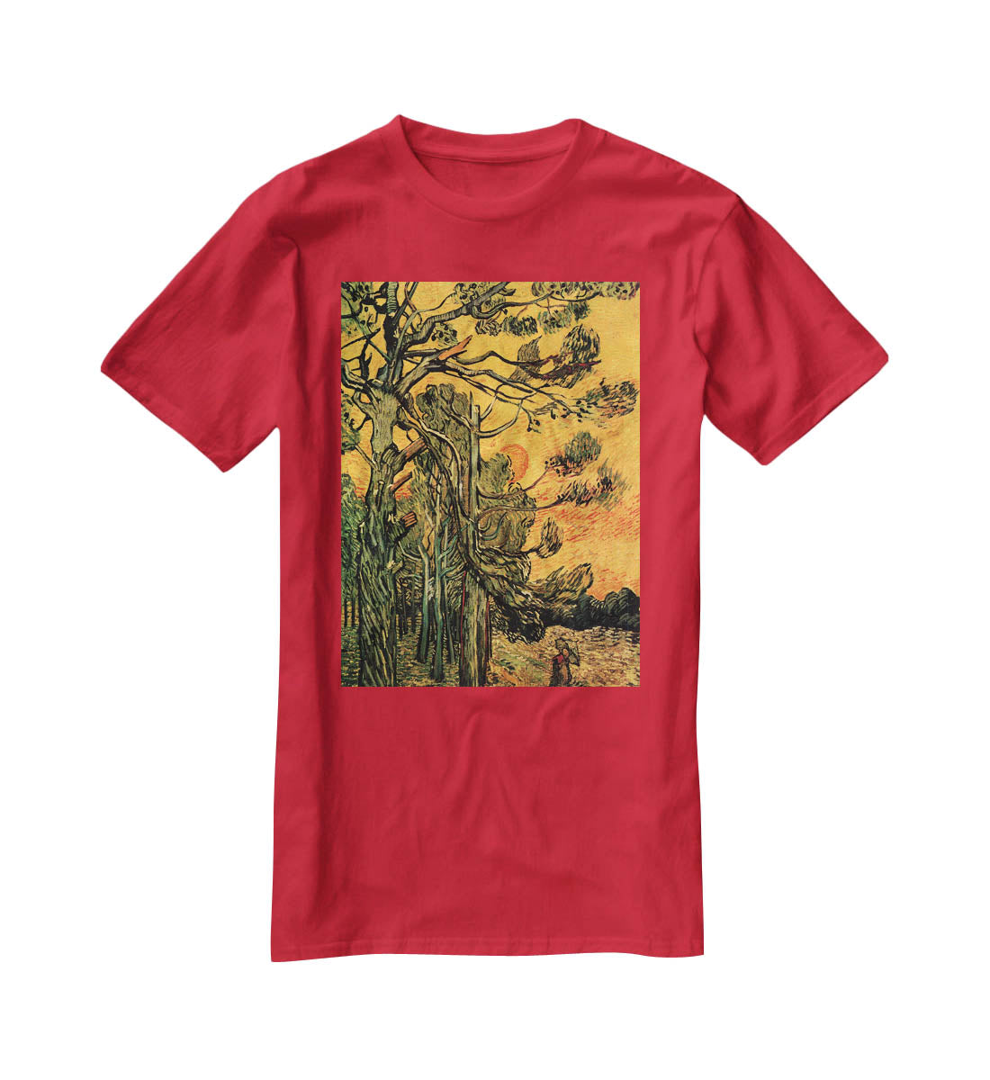 Pine Trees against a Red Sky with Setting Sun by Van Gogh T-Shirt - Canvas Art Rocks - 4