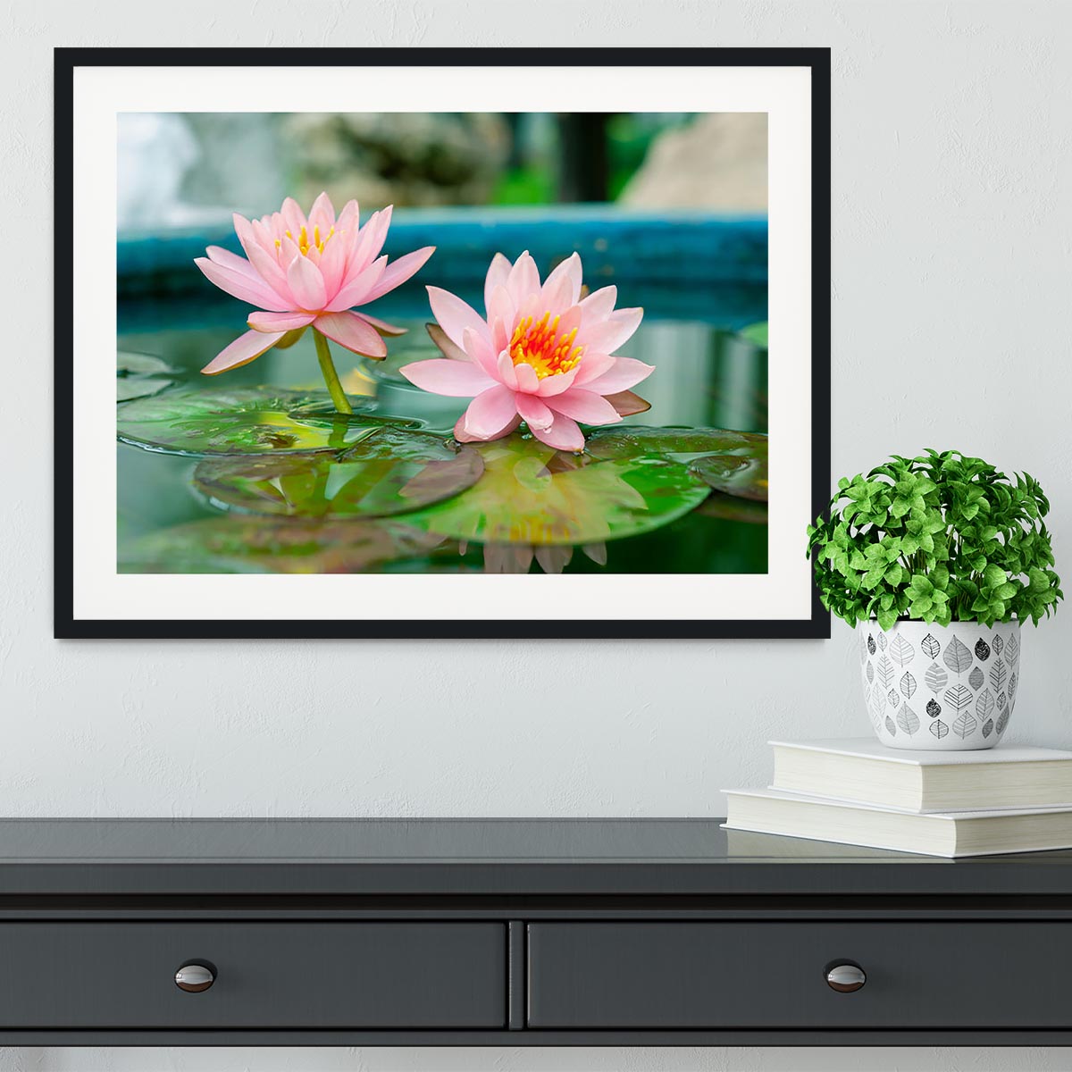 Pink Lotus or water lily in pond Framed Print - Canvas Art Rocks - 1