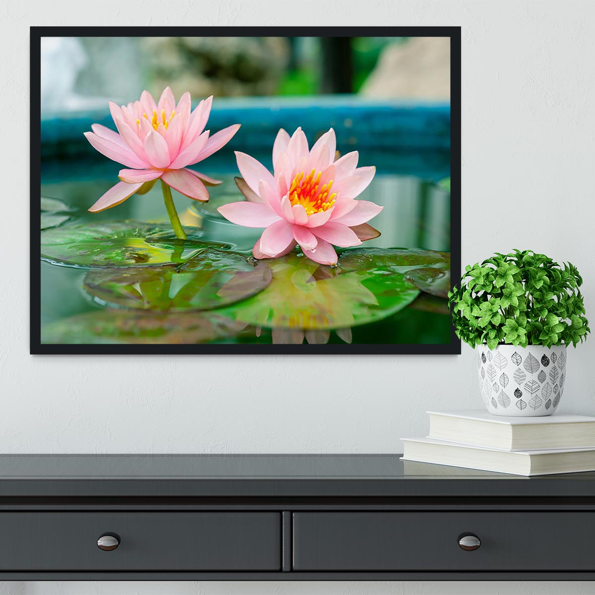 Pink Lotus or water lily in pond Framed Print - Canvas Art Rocks - 2
