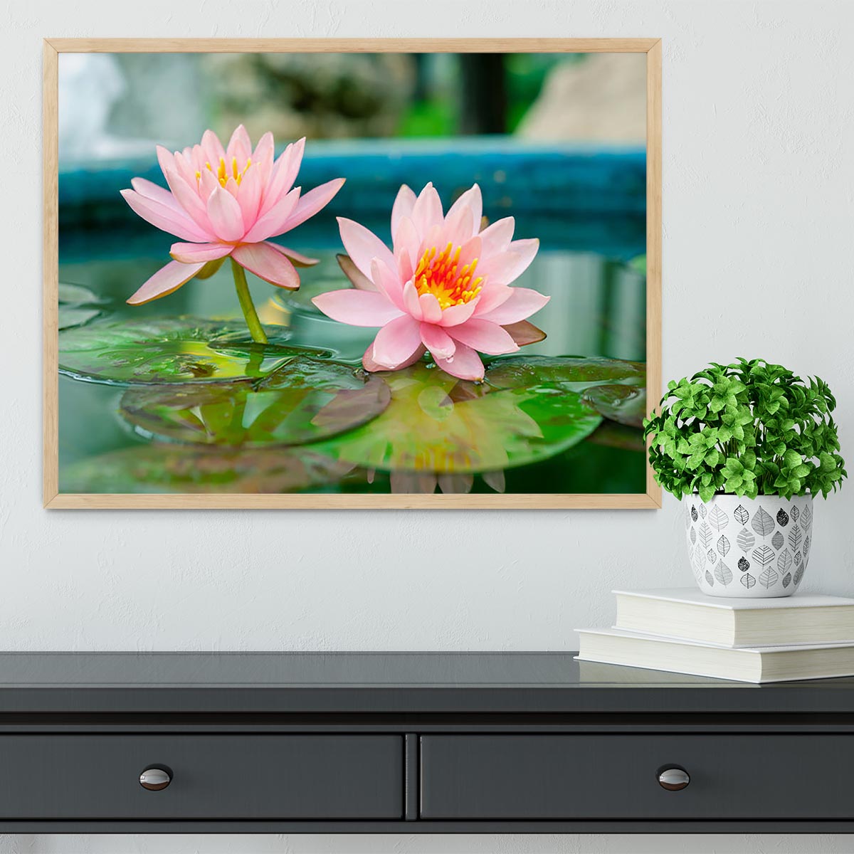 Pink Lotus or water lily in pond Framed Print - Canvas Art Rocks - 4