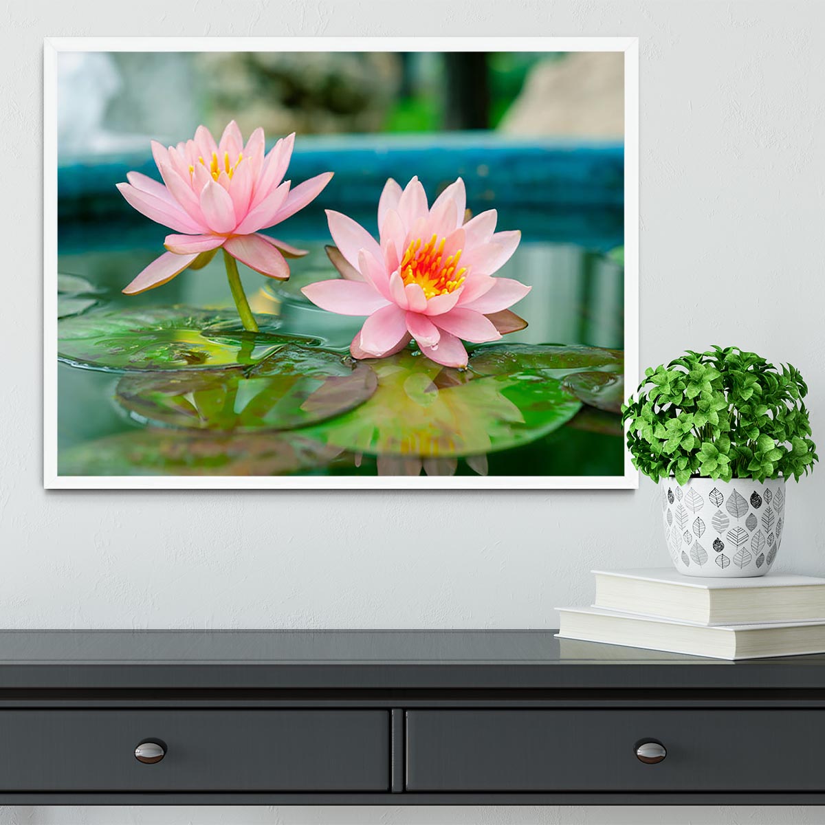 Pink Lotus or water lily in pond Framed Print - Canvas Art Rocks -6