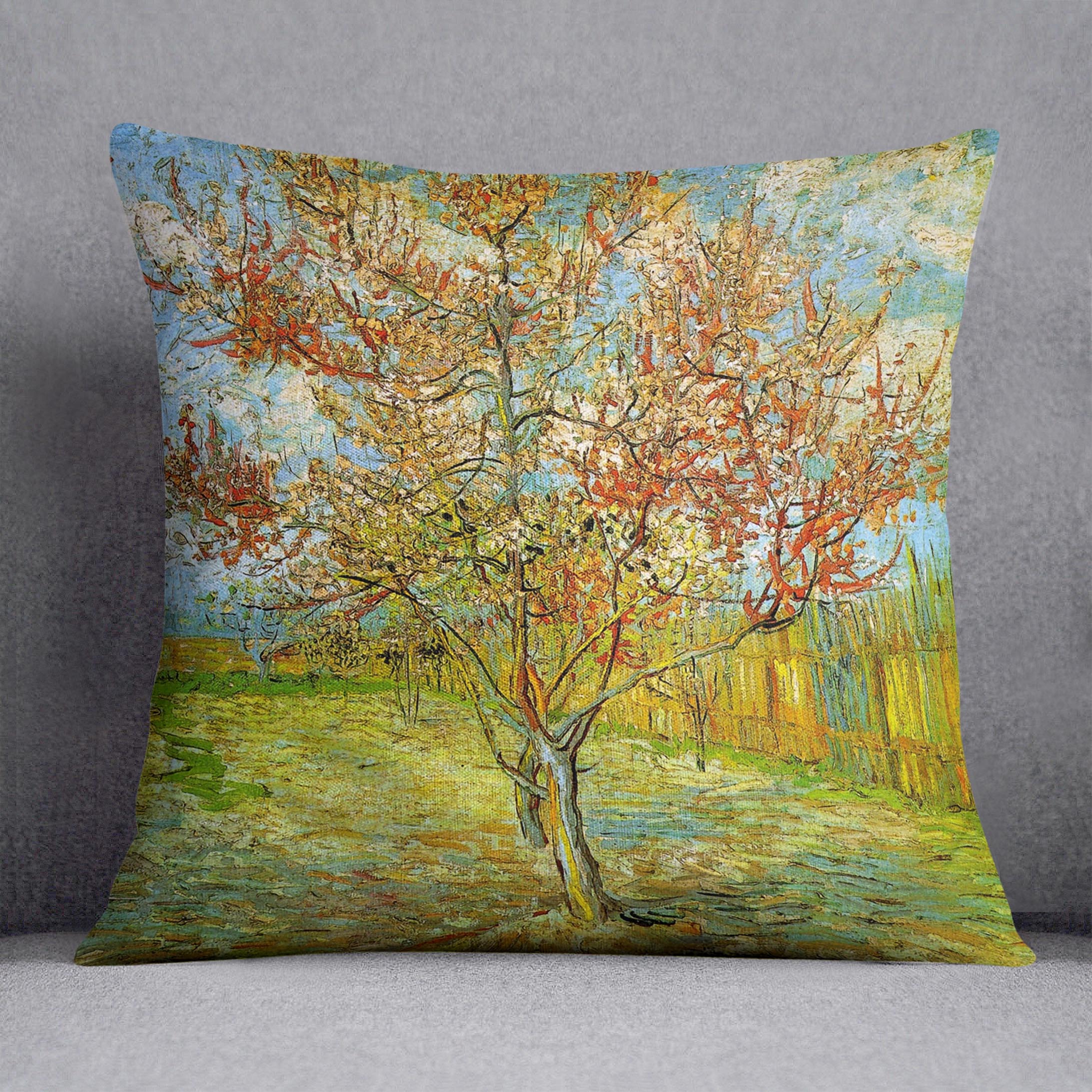 Pink Peach Tree in Blossom Reminiscence of Mauve by Van Gogh Cushion
