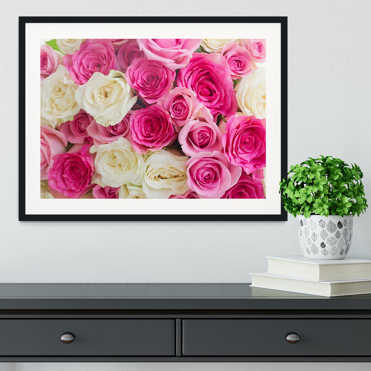 Pink and white fresh rose flowers Framed Print - Canvas Art Rocks - 1