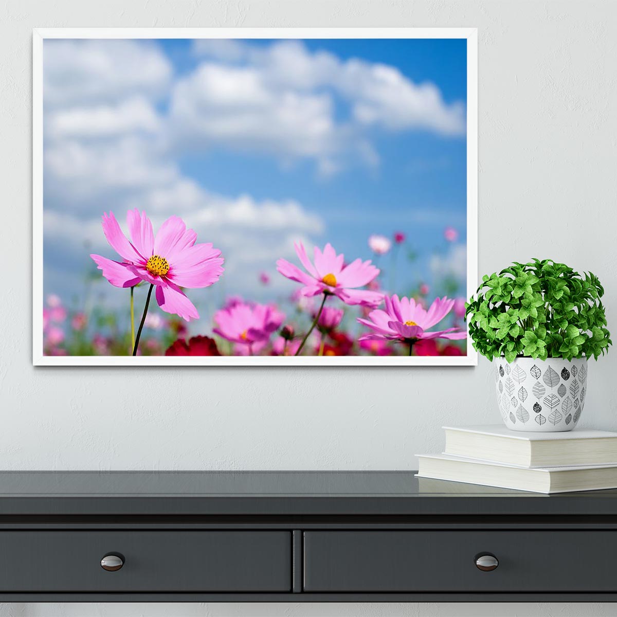 Pink cosmos field and sky Framed Print - Canvas Art Rocks -6