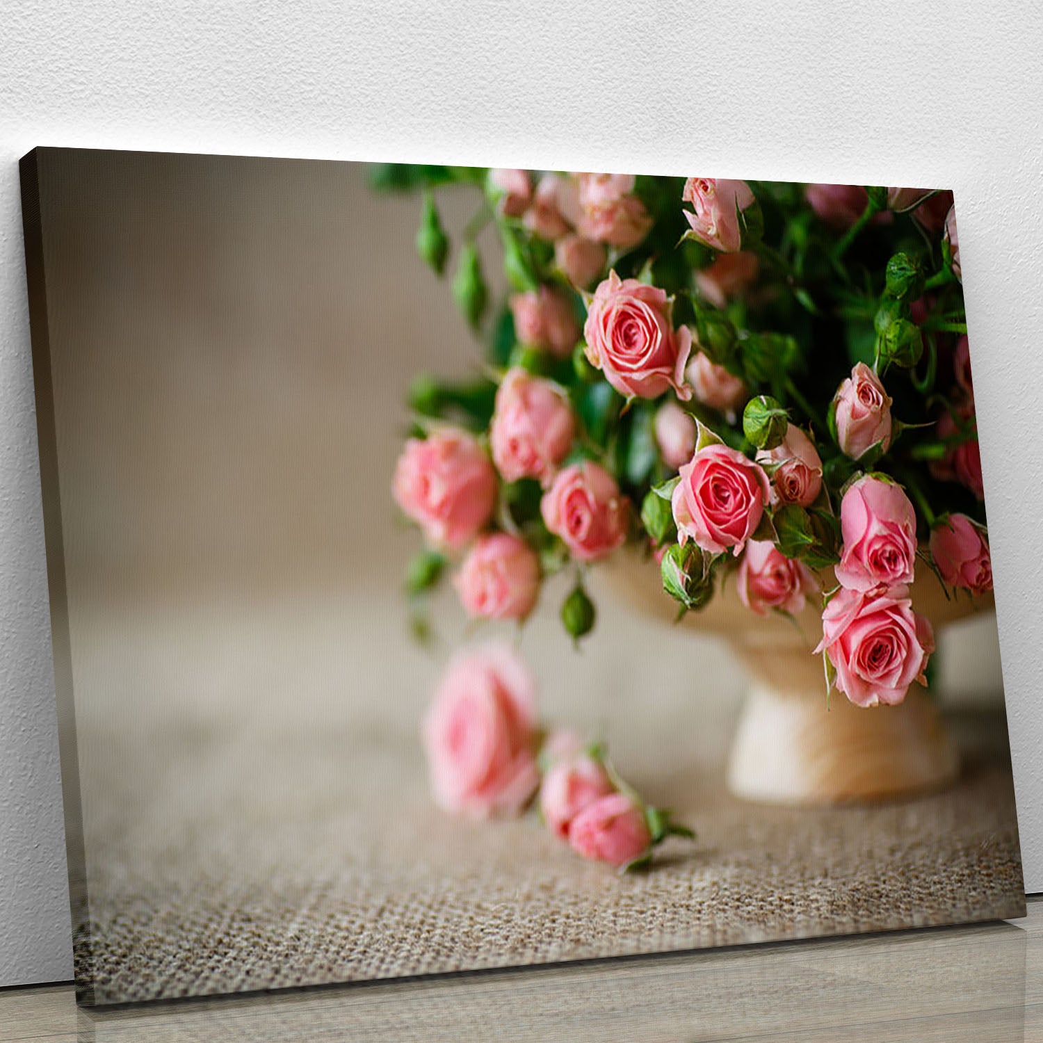 Pink roses on an old table of burlap Canvas Print or Poster - Canvas Art Rocks - 1