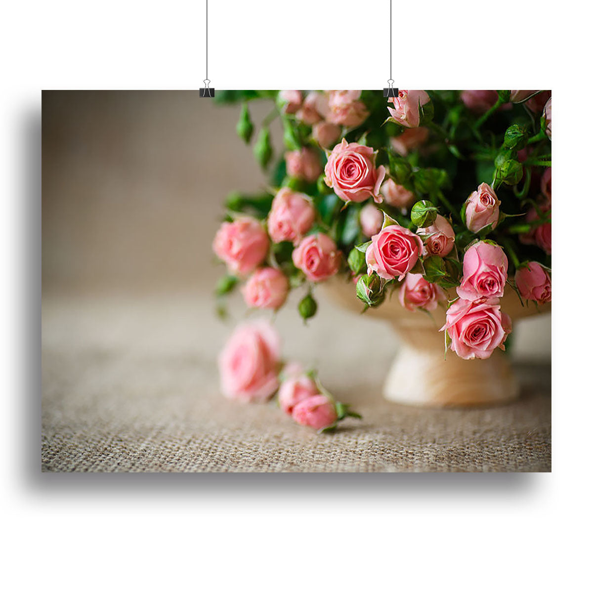 Pink roses on an old table of burlap Canvas Print or Poster - Canvas Art Rocks - 2