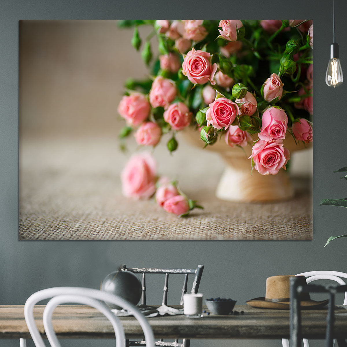 Pink roses on an old table of burlap Canvas Print or Poster - Canvas Art Rocks - 3