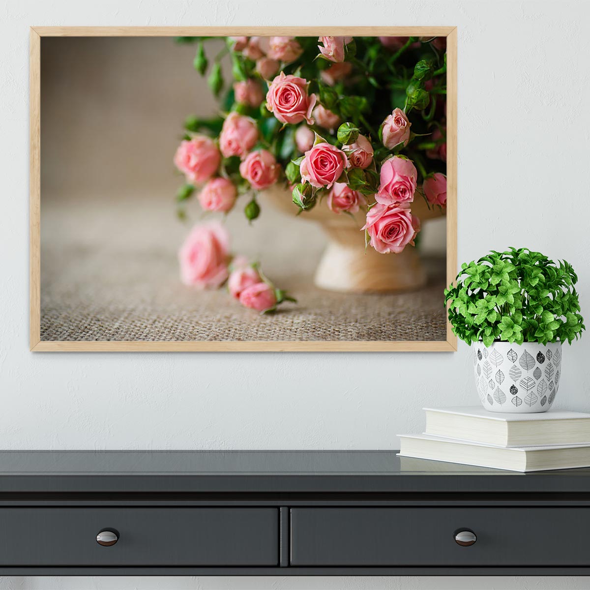 Pink roses on an old table of burlap Framed Print - Canvas Art Rocks - 4