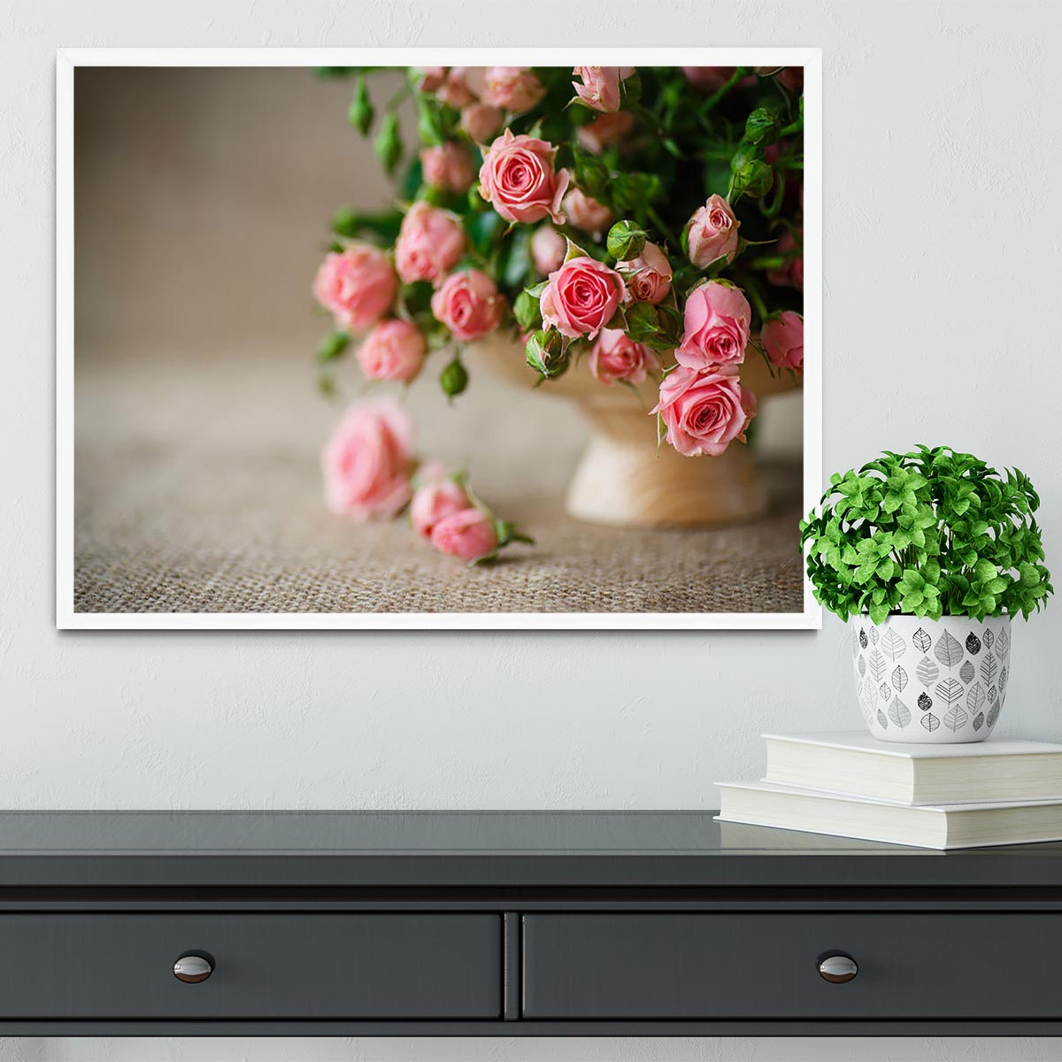 Pink roses on an old table of burlap Framed Print - Canvas Art Rocks -6
