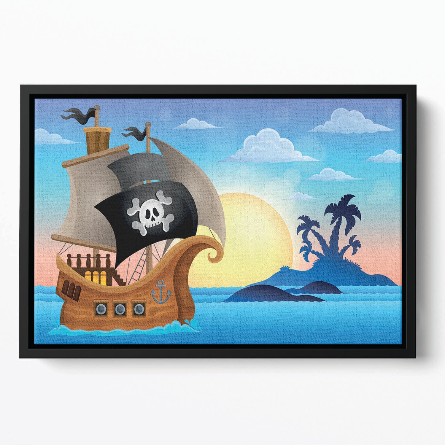 Pirate ship near small island 4 Floating Framed Canvas