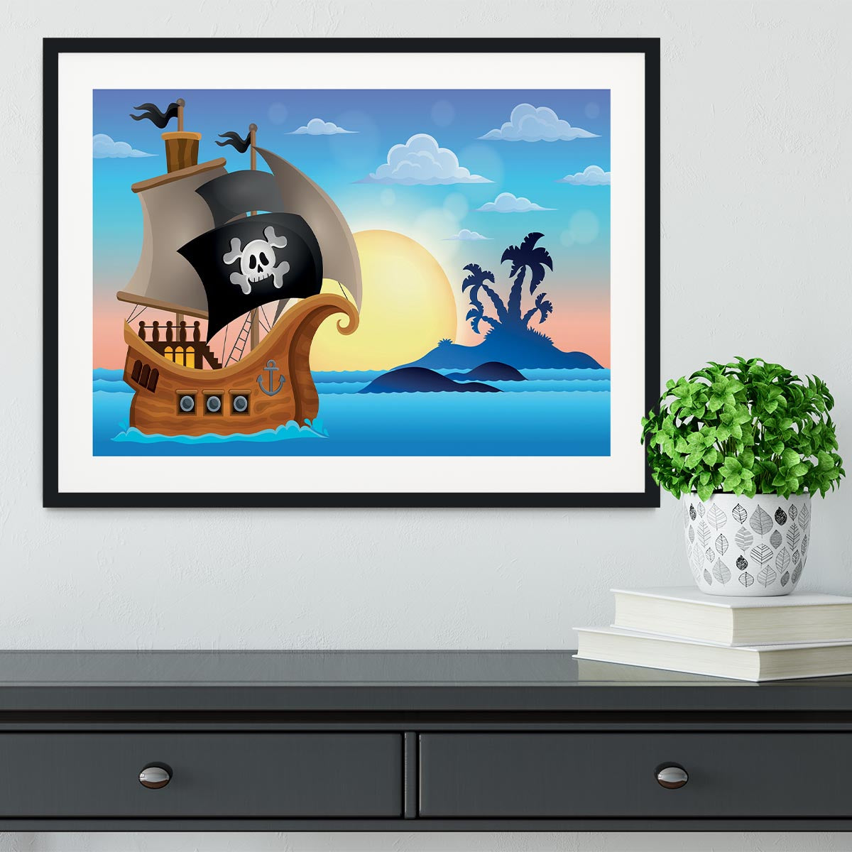 Pirate ship near small island 4 Framed Print - Canvas Art Rocks - 1