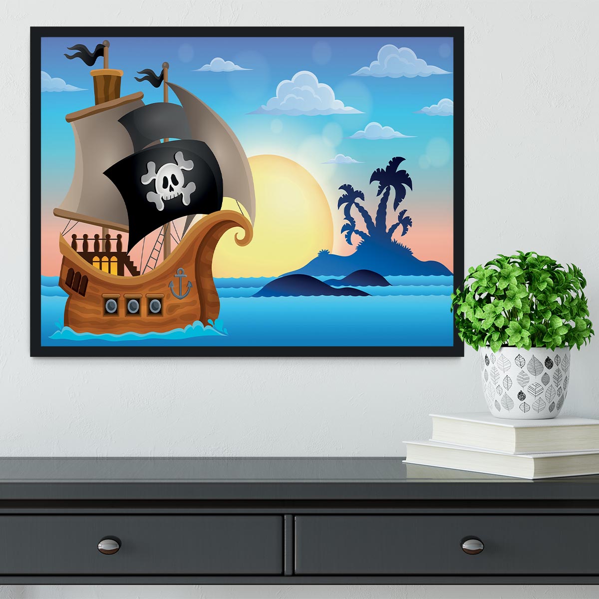 Pirate ship near small island 4 Framed Print - Canvas Art Rocks - 2