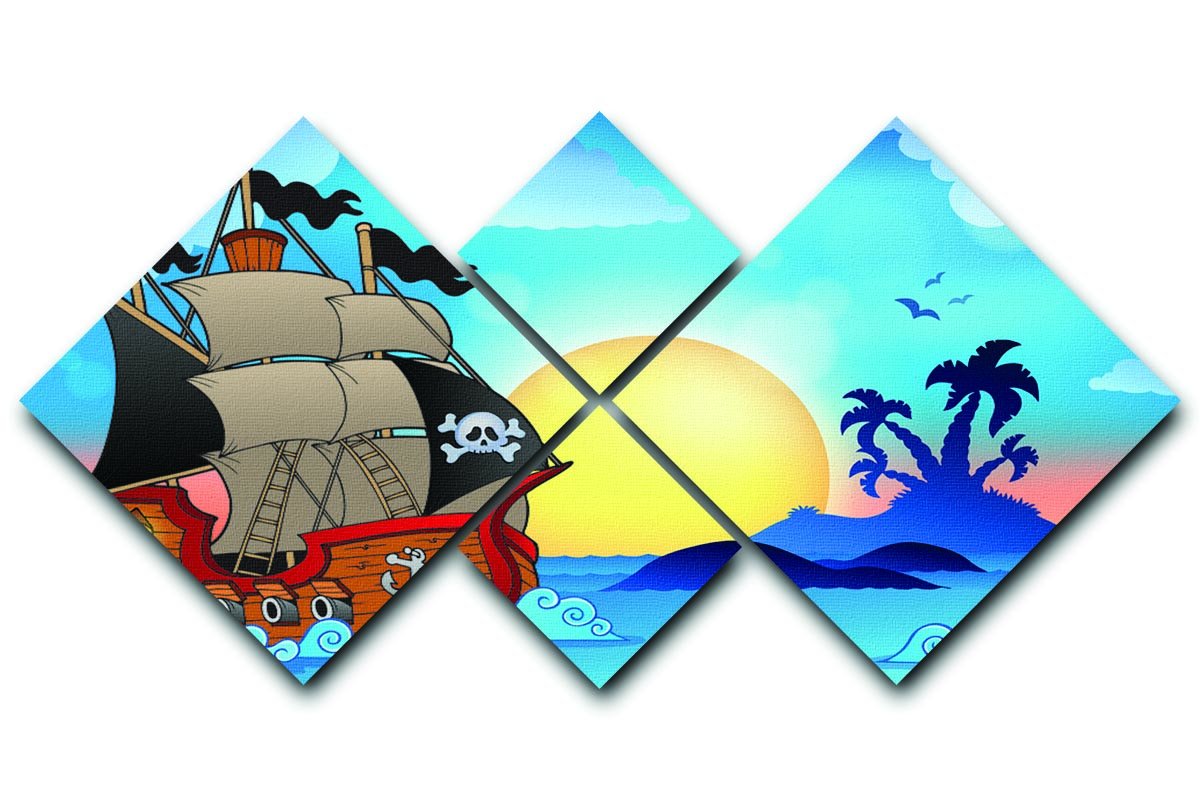 Pirate ship near small island 4 Square Multi Panel Canvas  - Canvas Art Rocks - 1