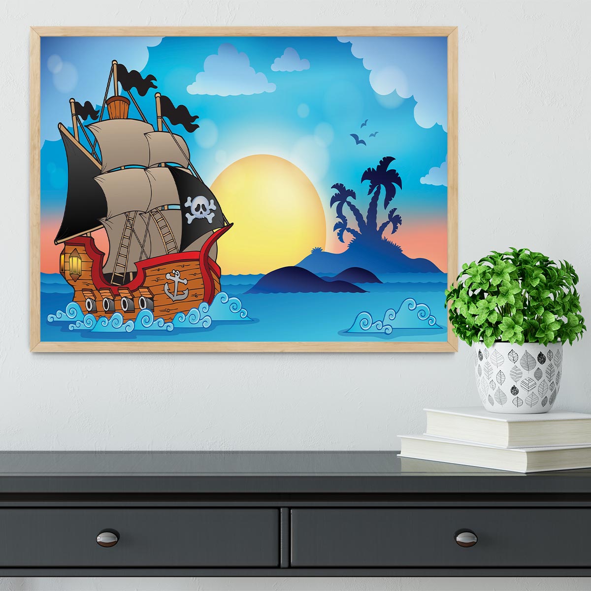Pirate ship near small island Framed Print - Canvas Art Rocks - 4