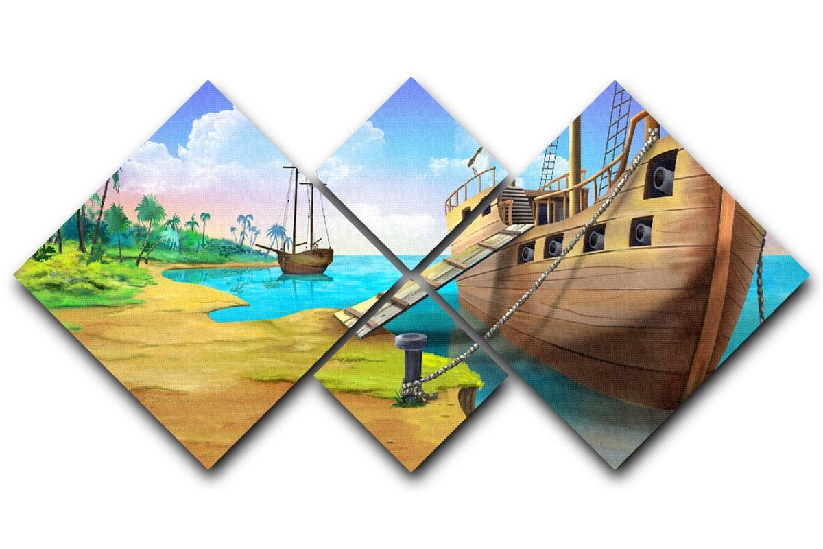 Pirate ship on the shore of the Pirate Island 4 Square Multi Panel Canvas  - Canvas Art Rocks - 1