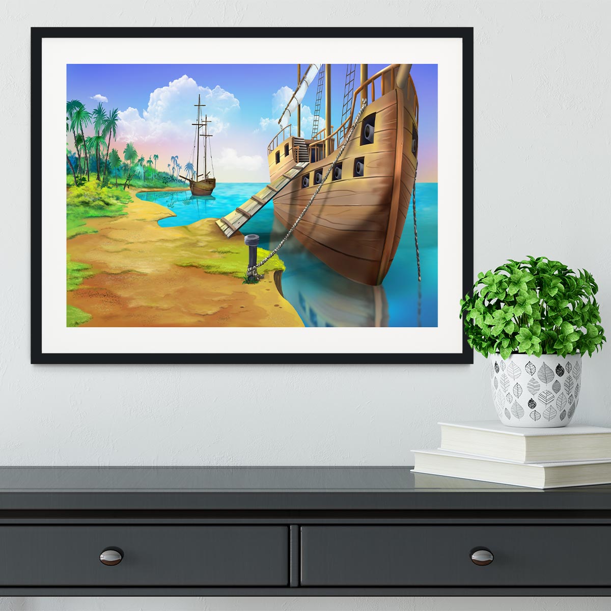 Pirate ship on the shore of the Pirate Island Framed Print - Canvas Art Rocks - 1