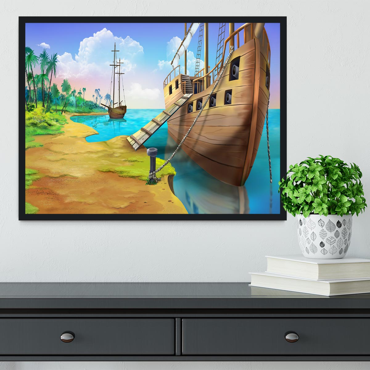 Pirate ship on the shore of the Pirate Island Framed Print - Canvas Art Rocks - 2