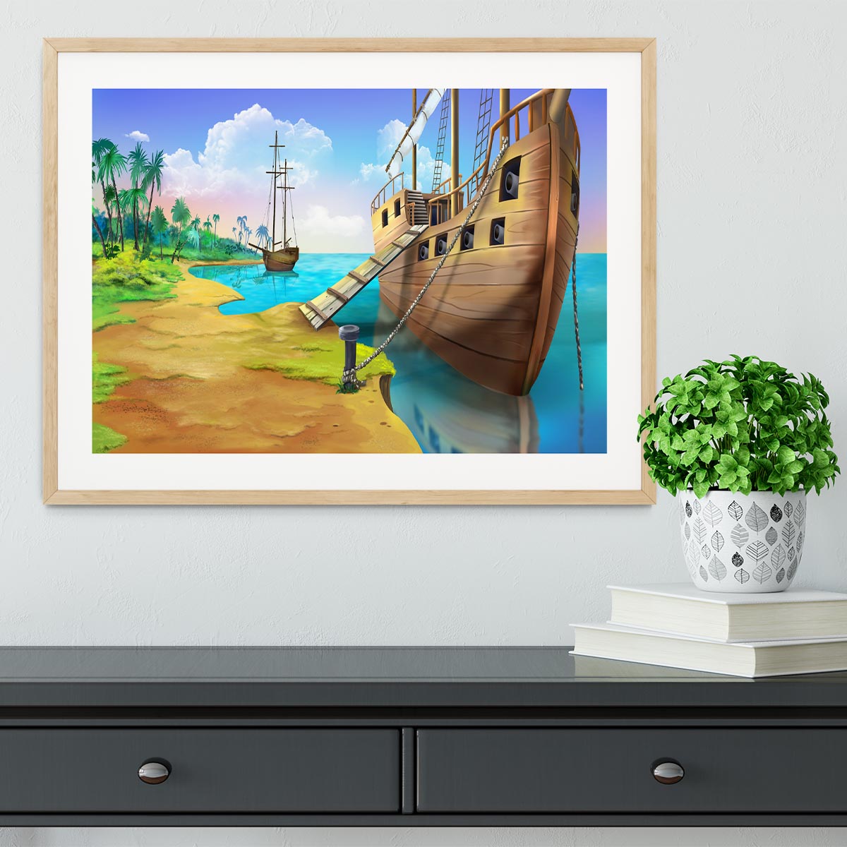 Pirate ship on the shore of the Pirate Island Framed Print - Canvas Art Rocks - 3