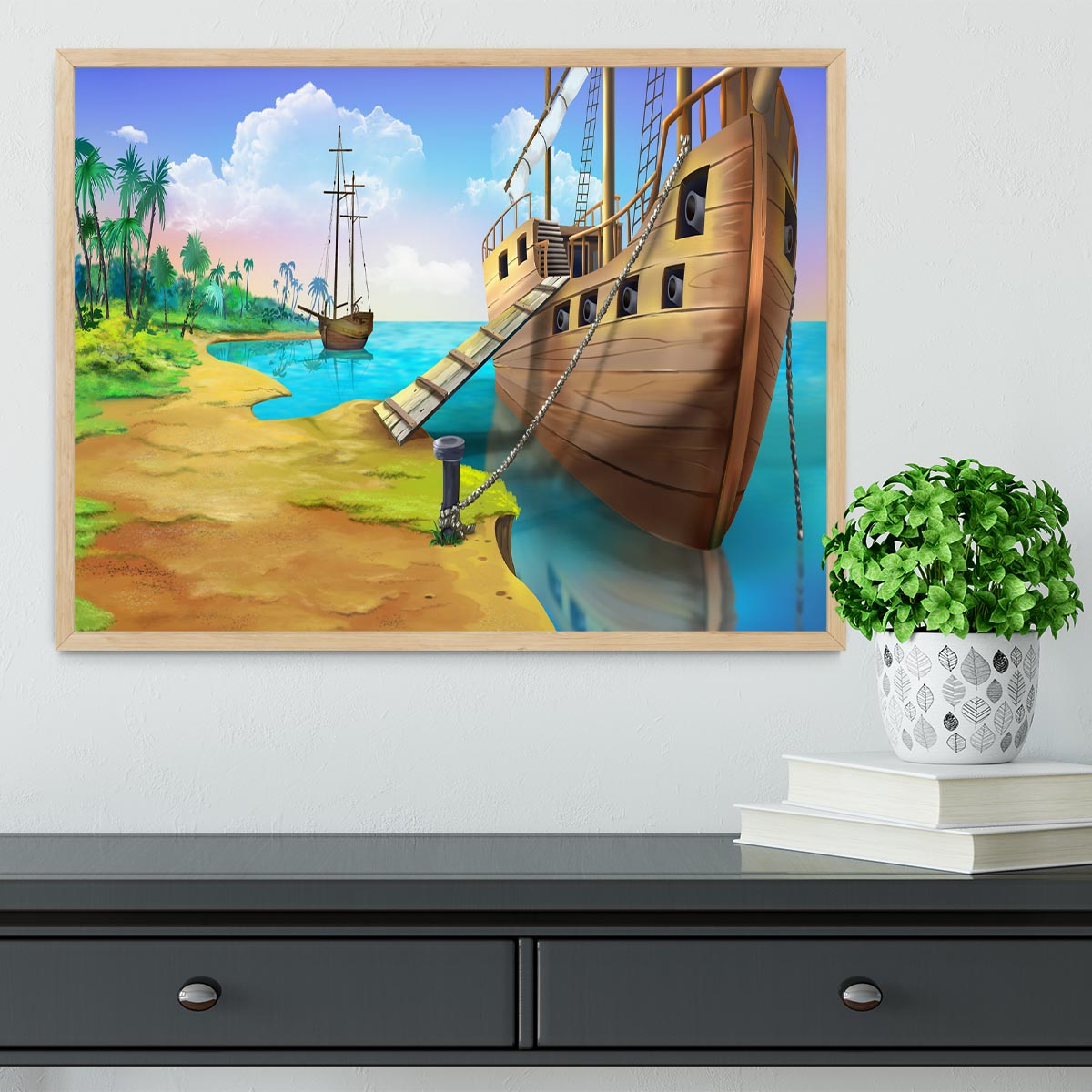 Pirate ship on the shore of the Pirate Island Framed Print - Canvas Art Rocks - 4