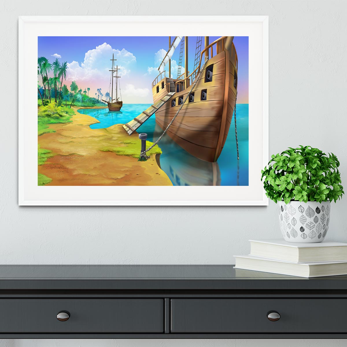 Pirate ship on the shore of the Pirate Island Framed Print - Canvas Art Rocks - 5
